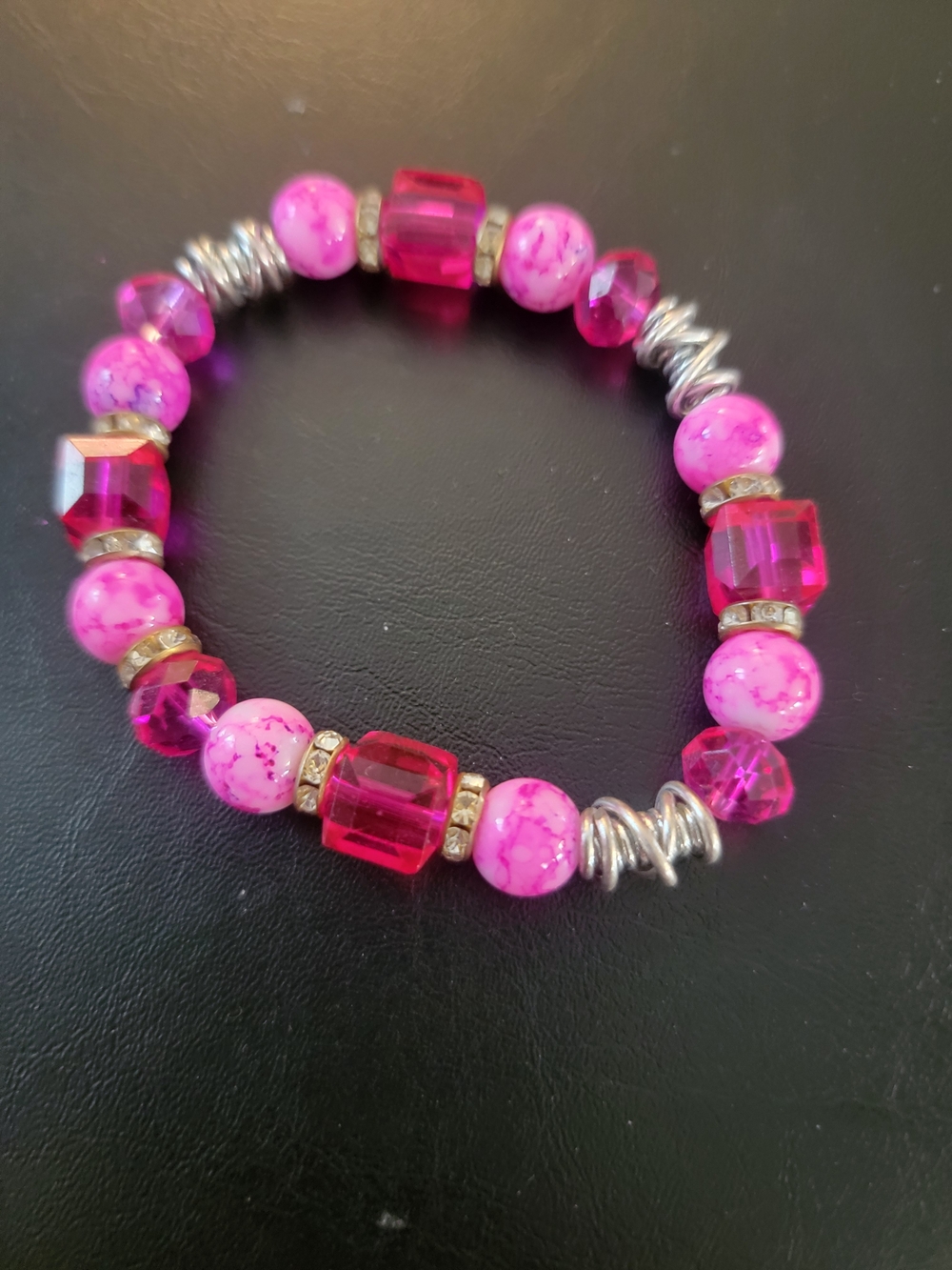 Hand Crafted Hot Pink Beaded Bracelet with Silver Accents